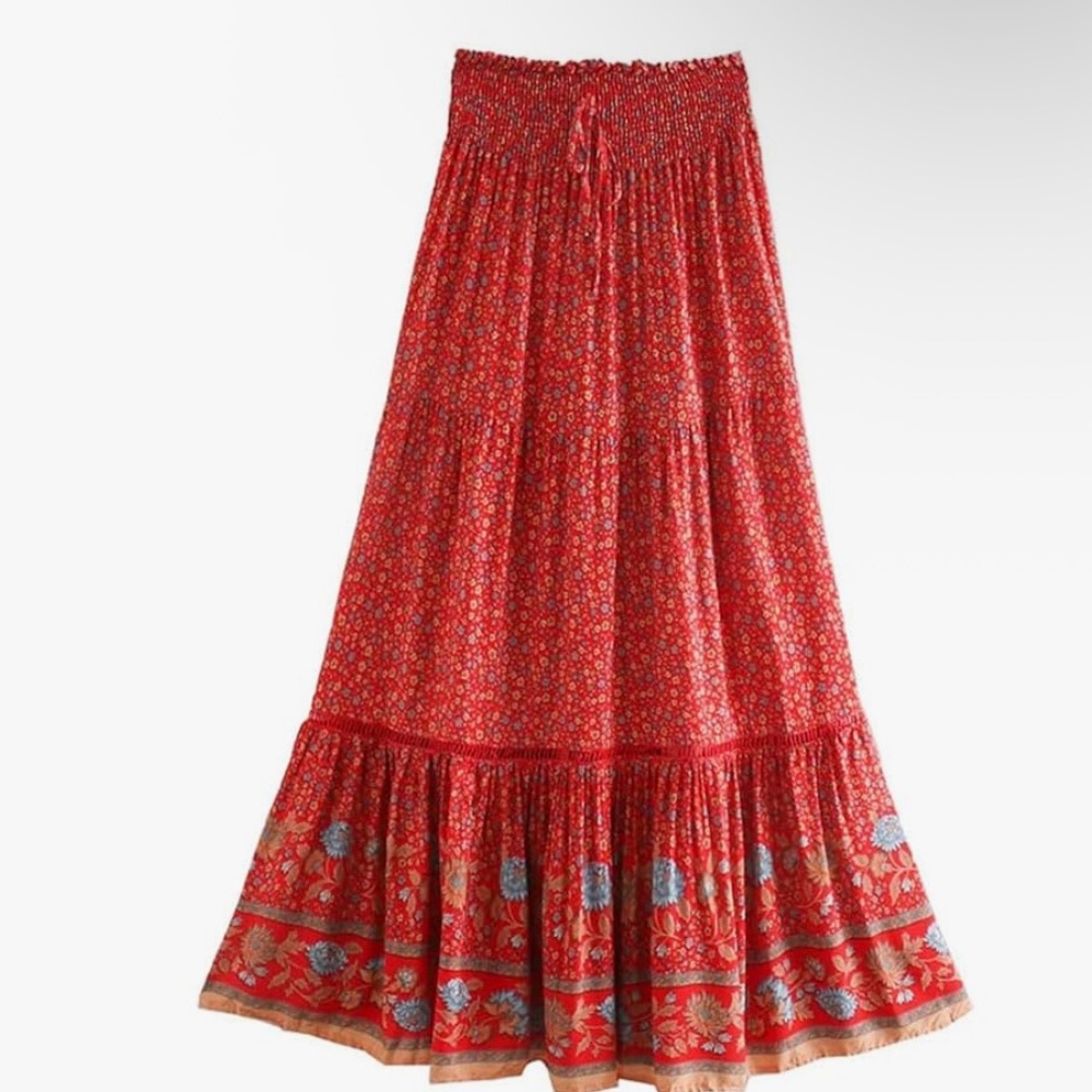 Amazon Red and Blue Smocked Tiered Maxi Skirt